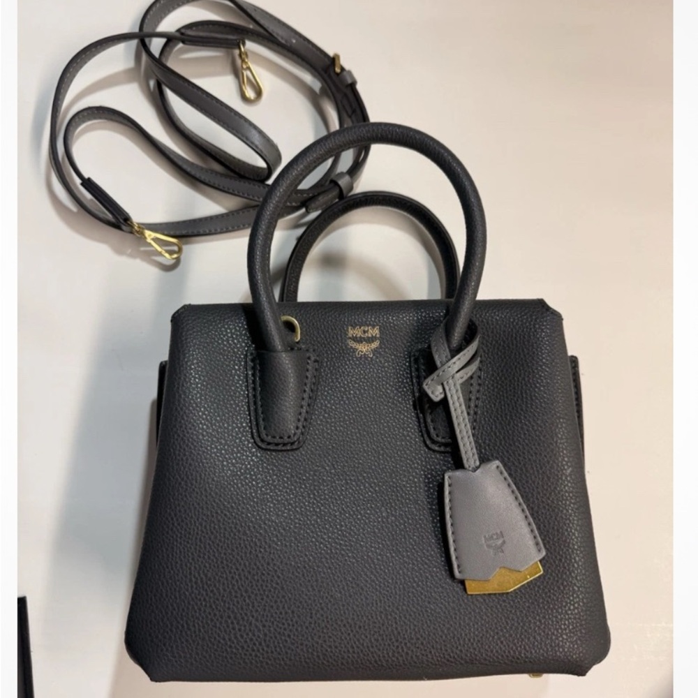 MCM Black Leather Top-Handle Satchel with Gold Hardware